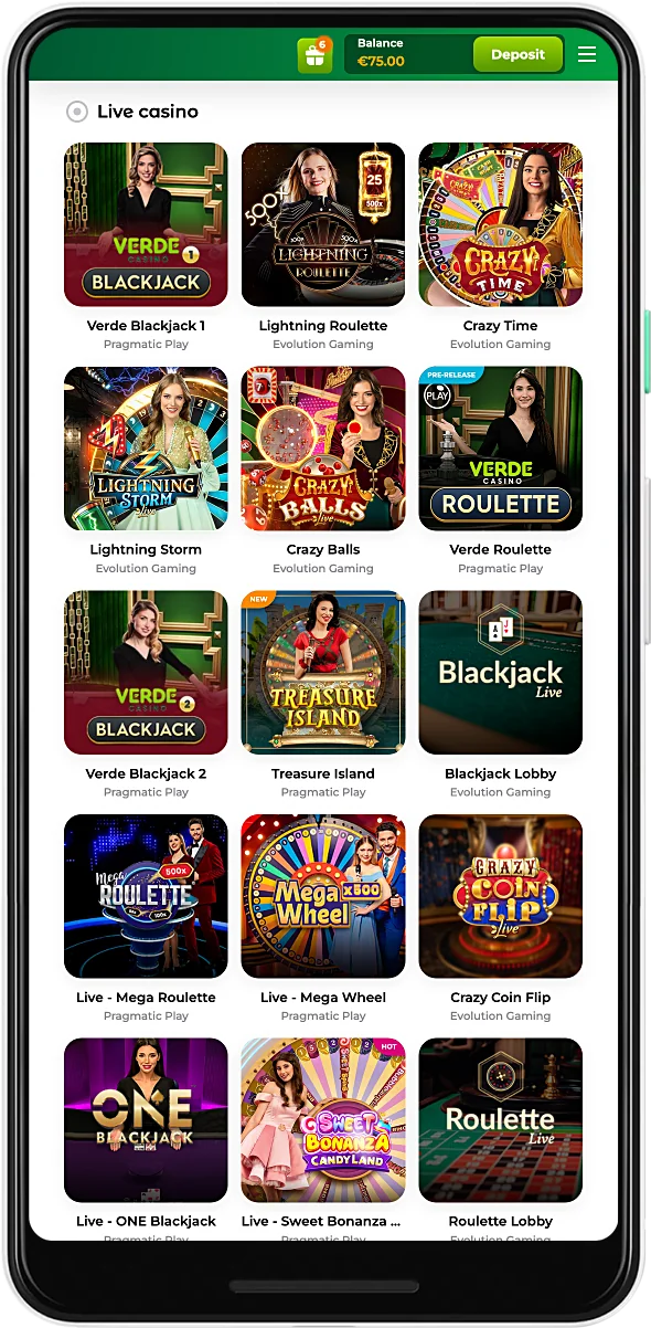 Screenshot dell'app mobile di Verde Casino