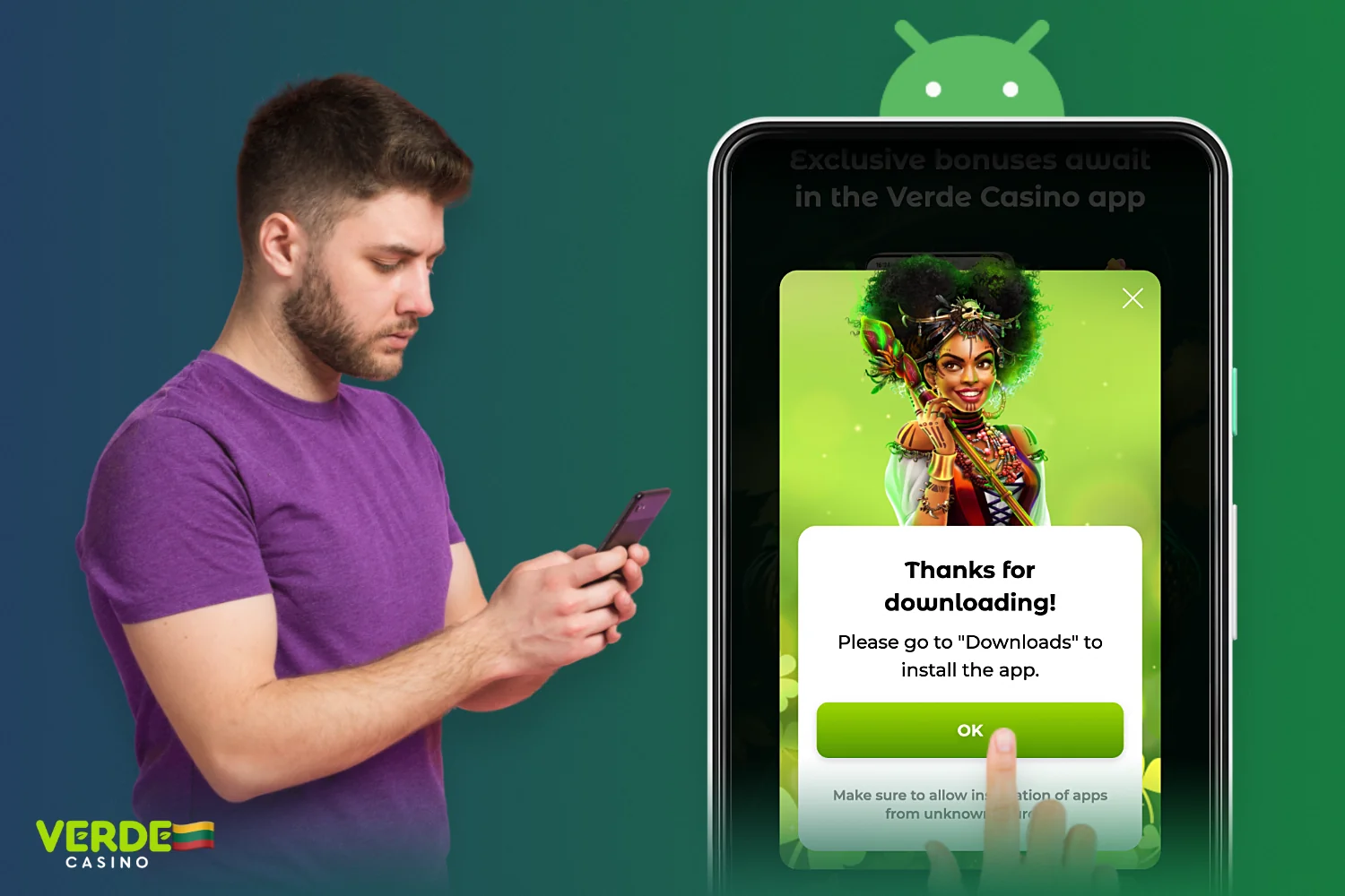 Schermafbeelding van de Verde Casino mobiele app interface op een Android-telefoon