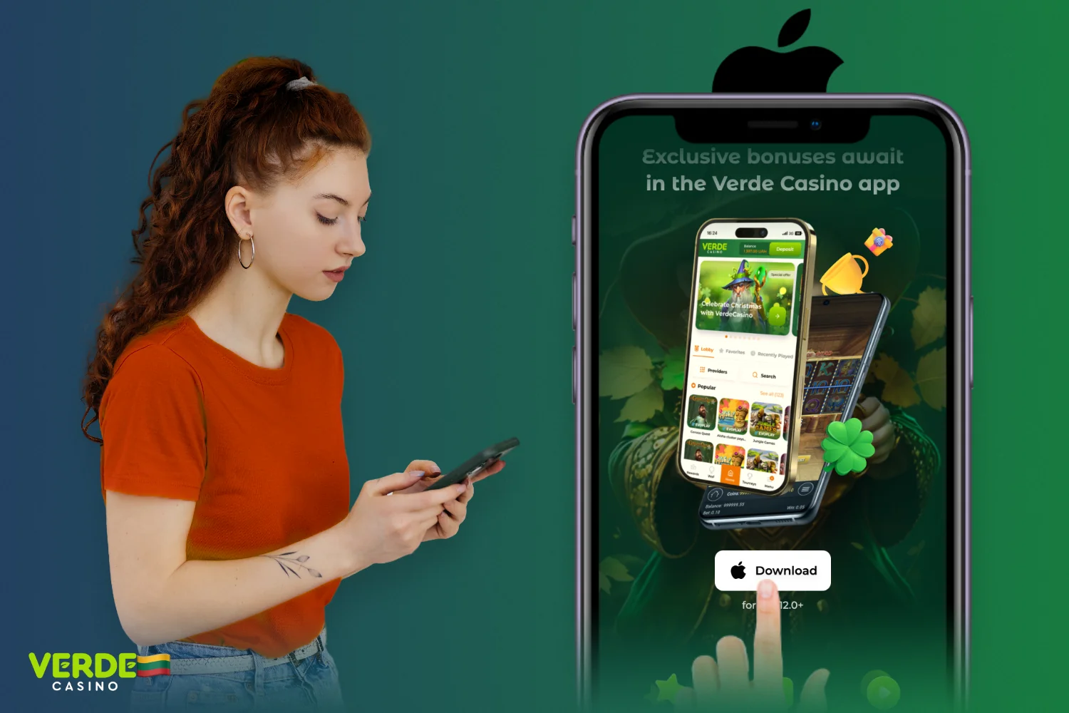 Verde Casino iOS app interface viser spilmenu og bonusoversigt